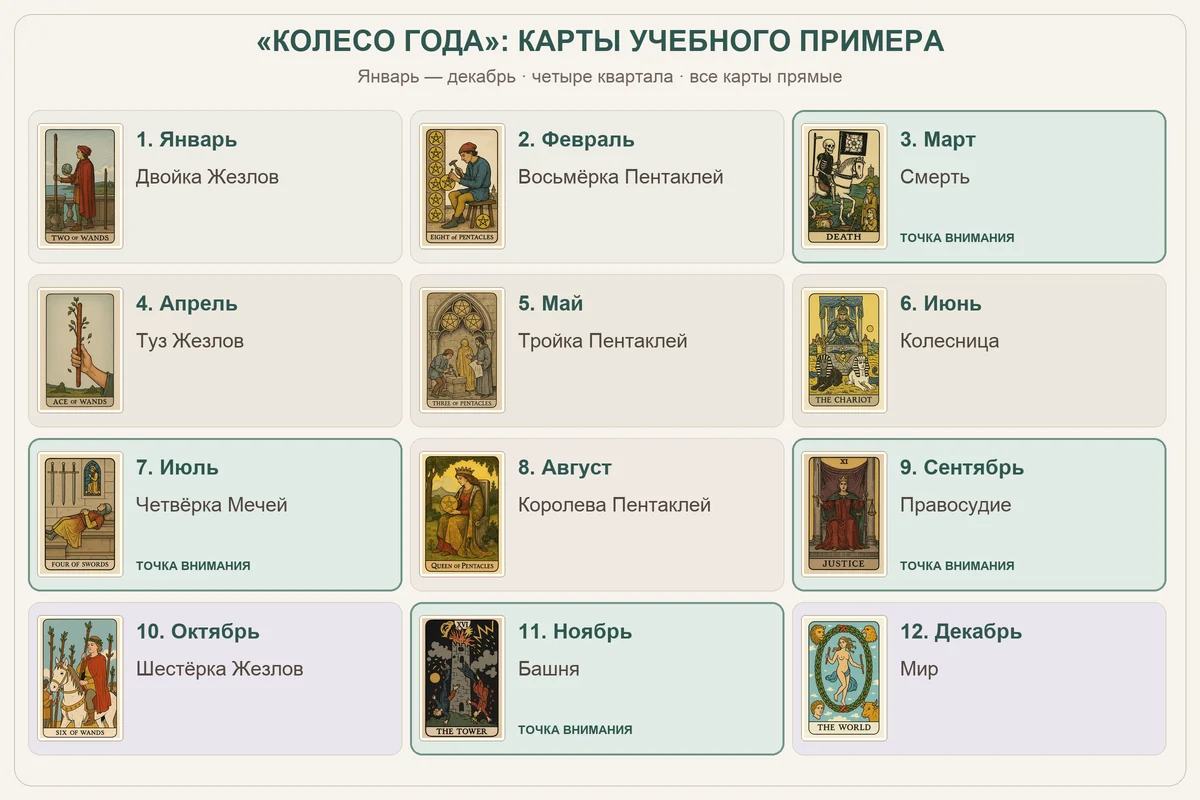 Двенадцать месяцев учебного «Колеса года» с картами; выделены март, июль, сентябрь и ноябрь