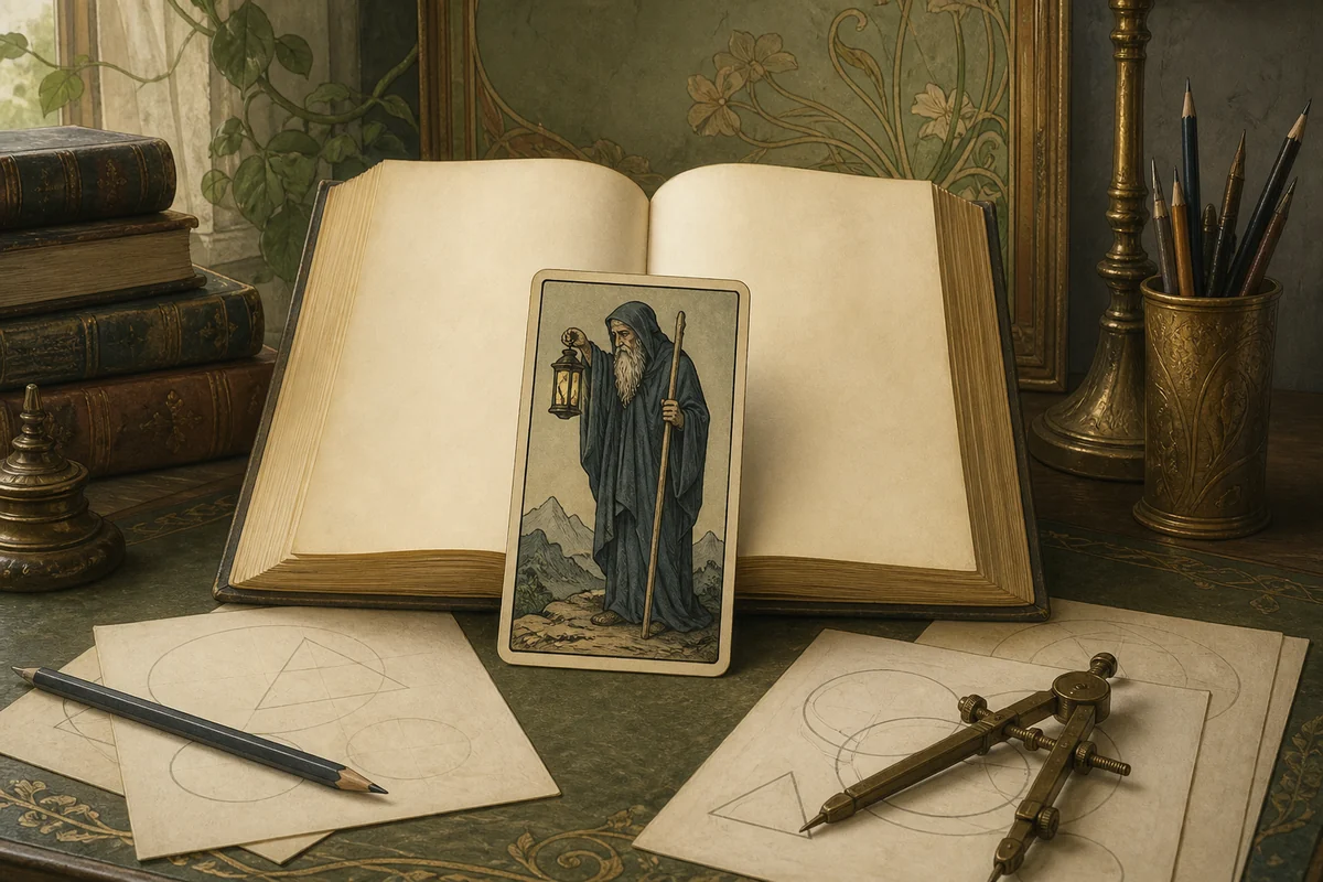 Книга, условная карта Отшельника и геометрические наброски на письменном столе