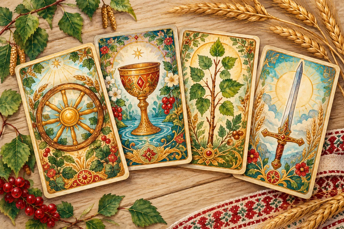 Условные карты с колесом, чашей, ветвью и мечом среди колосьев и зелёных листьев