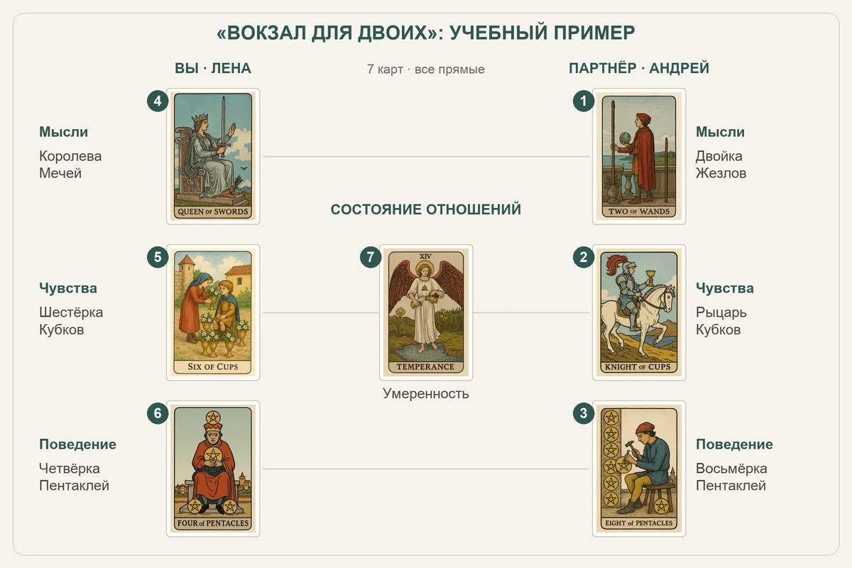 Семь карт примера «Вокзал для двоих»: партнёр 1–3 справа, вы 4–6 слева, Умеренность 7 в центре