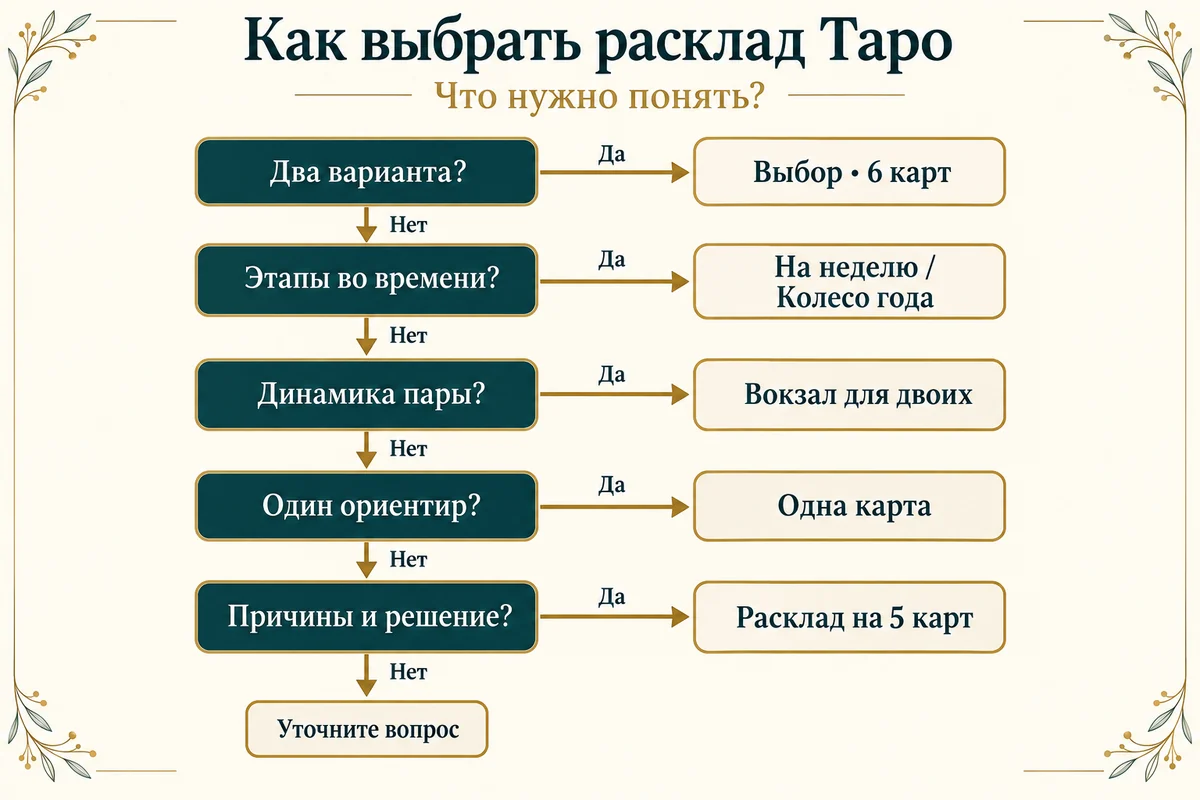 Дерево выбора расклада Таро: два варианта, этапы во времени, динамика пары, один ориентир, причины и решение