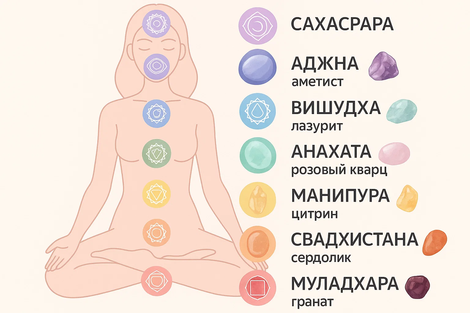 Диаграмма соответствия чакр и кристаллов