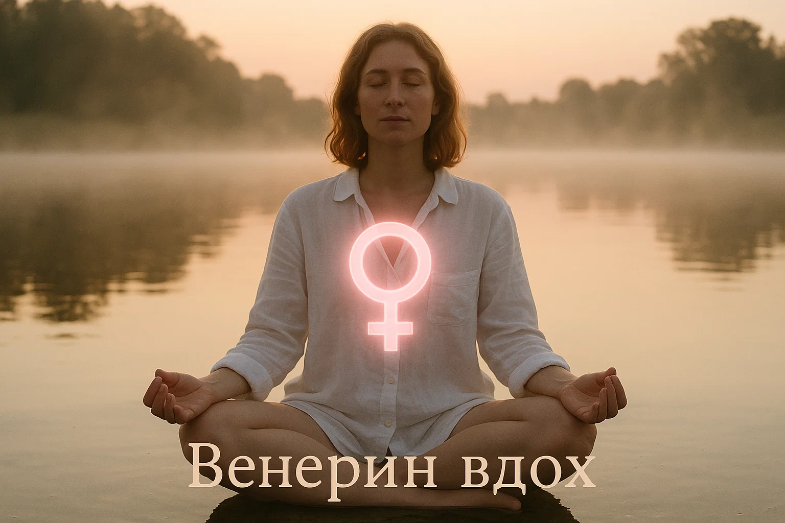 Женщина медитирует у воды с символом Венеры