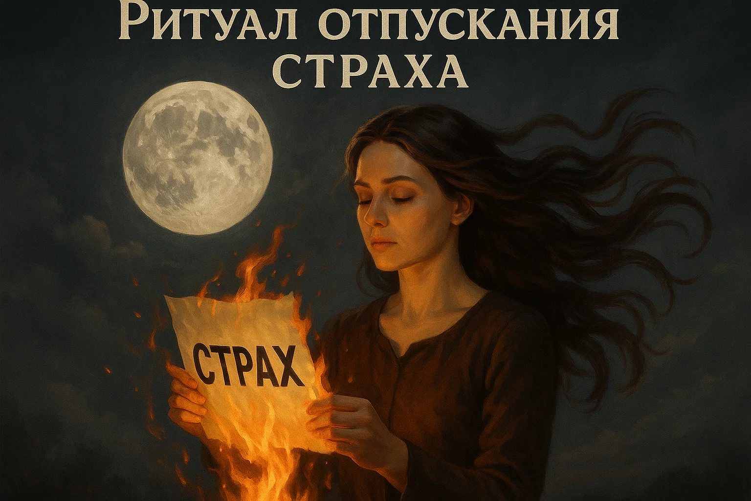 Женщина с горящей бумагой в руке под полной луной