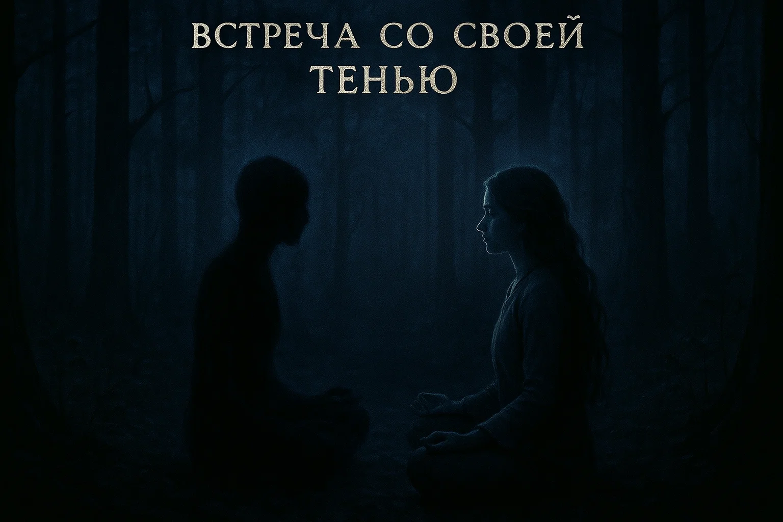 Женщина медитирует в тёмном лесу, перед ней — её теневая фигура