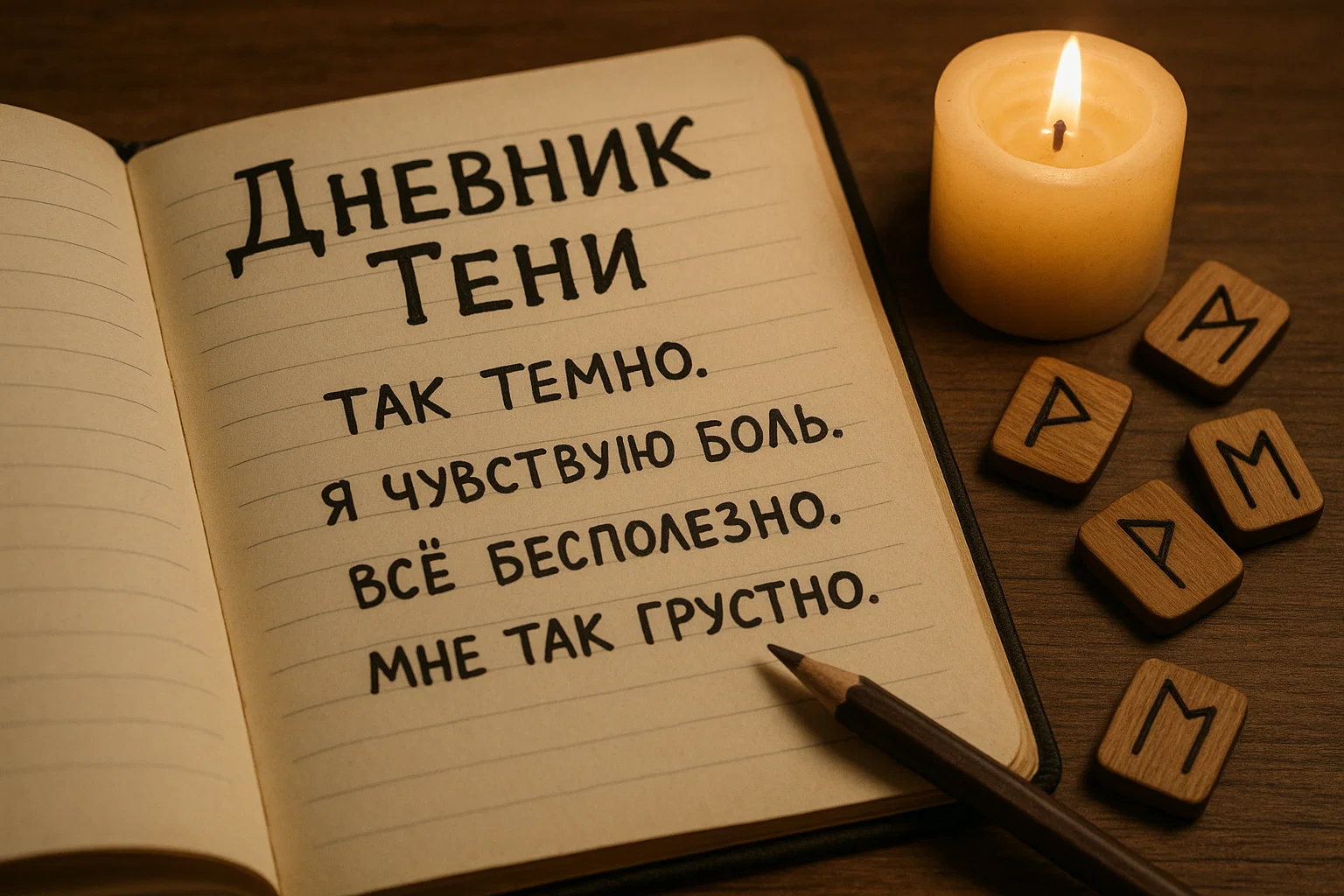 Блокнот с эмоциональными записями, свеча, руны