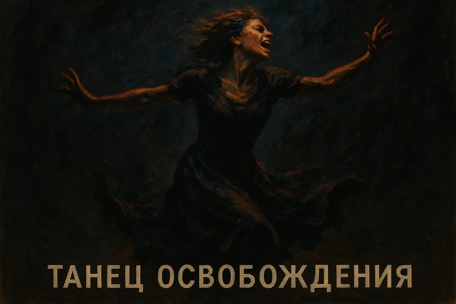 Женщина в движении, силуэт в полутьме, эмоции на лице