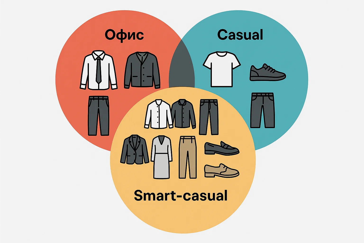 Диаграмма Venn пересечений офисных и casual вещей в базе