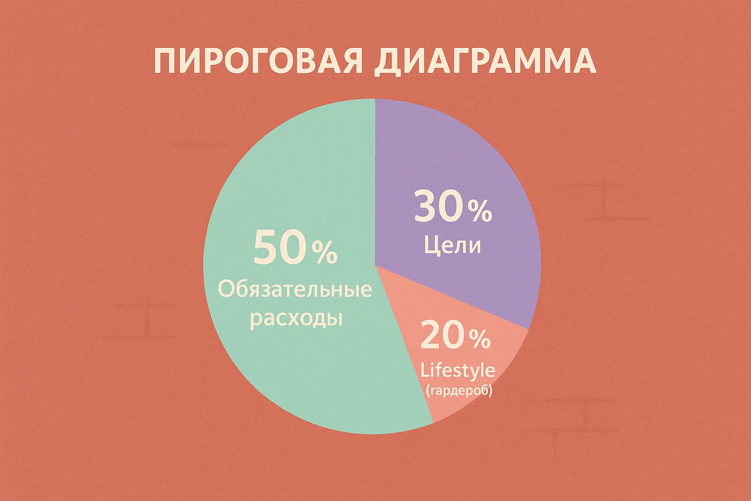 Пироговая диаграмма финансовой формулы 50‑30‑20 с акцентом на гардероб