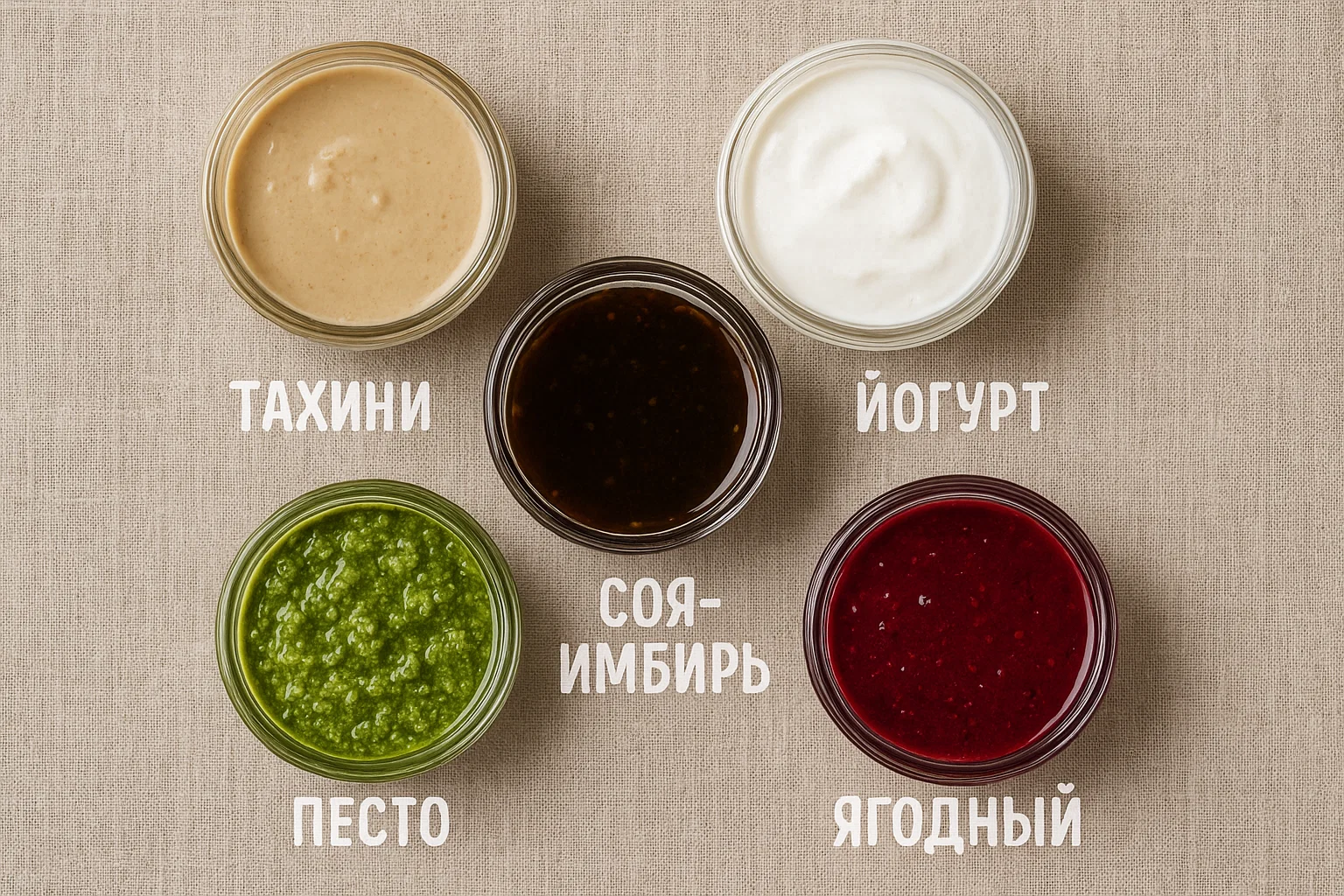 Коллаж баночек с пятью соусами для meal-prep
