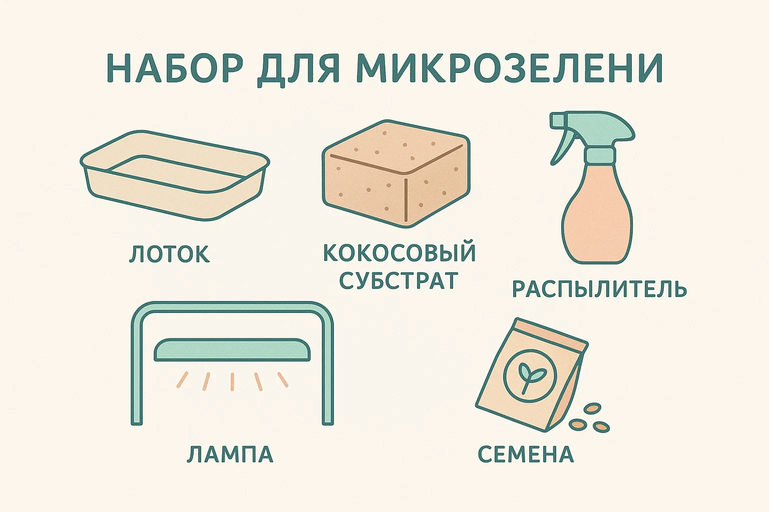 Инфографика: лоток, кокосовый субстрат, лампа и распылитель