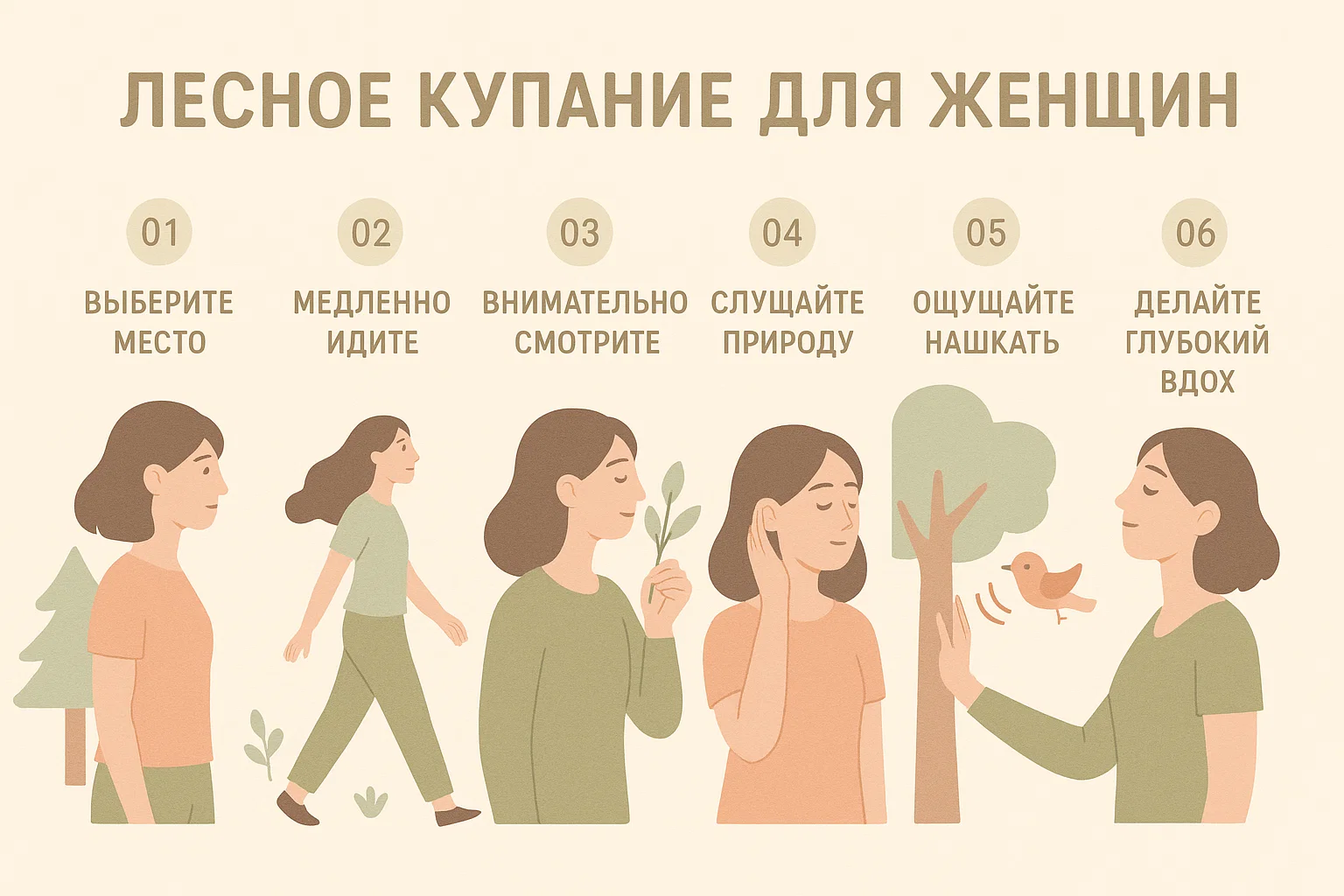 Инфографика шесть шагов лесного купания