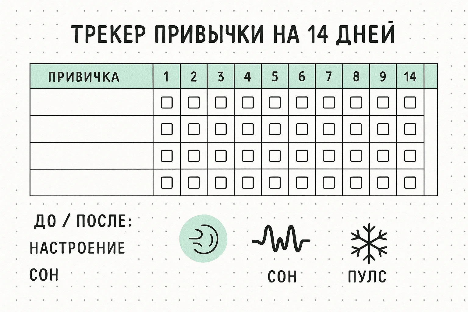 Трекер привычки на 14 дней и чек-лист практик вагус-йоги